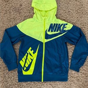 Kids Nike Neon Yellow and Blue Hooded Windbreaker Jacket